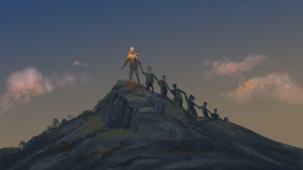 Art by Robin Richesson depicting people holding hands as they climb to the top of a mountain